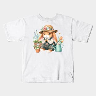 Cute Watercolor Bunny Gardener Kids T-Shirt